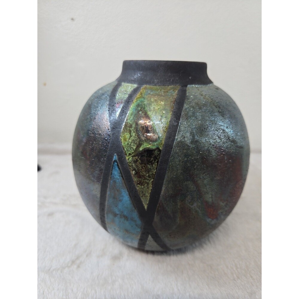 Signed Barb Matthews Vancouver Studio Art Pottery Raku Fired Ball Vase w/ Card